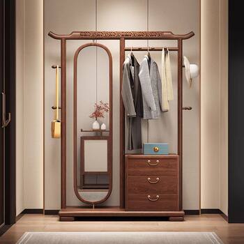 New Chinese Style Ebony Wood Clothes Hanger and Dressing Mirror Integrated Floor-Standing Living Room and Bedroom Solid Wood Rotating Full-Length Mirror Coat Rack
