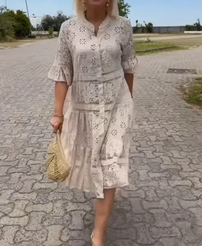 Summer Womens Dress Solid Color V Neck Button Detail Lace Insert Casual or Party Wear Wholesale Available