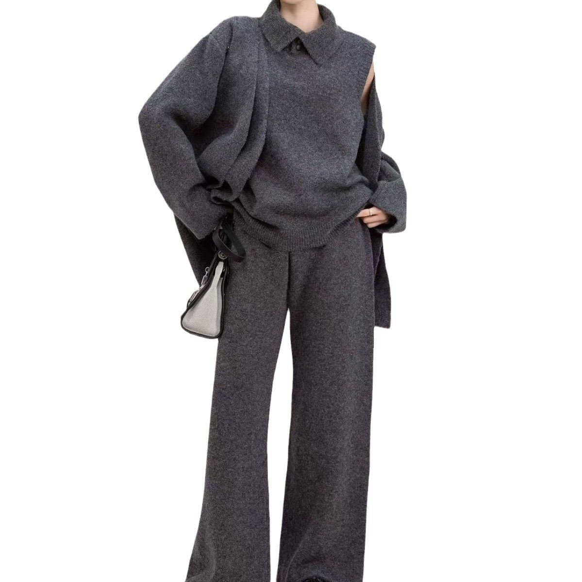 2024秋冬新款高级感慵懒宽松针织三件套宽松毛衣开衫裤子时尚套装