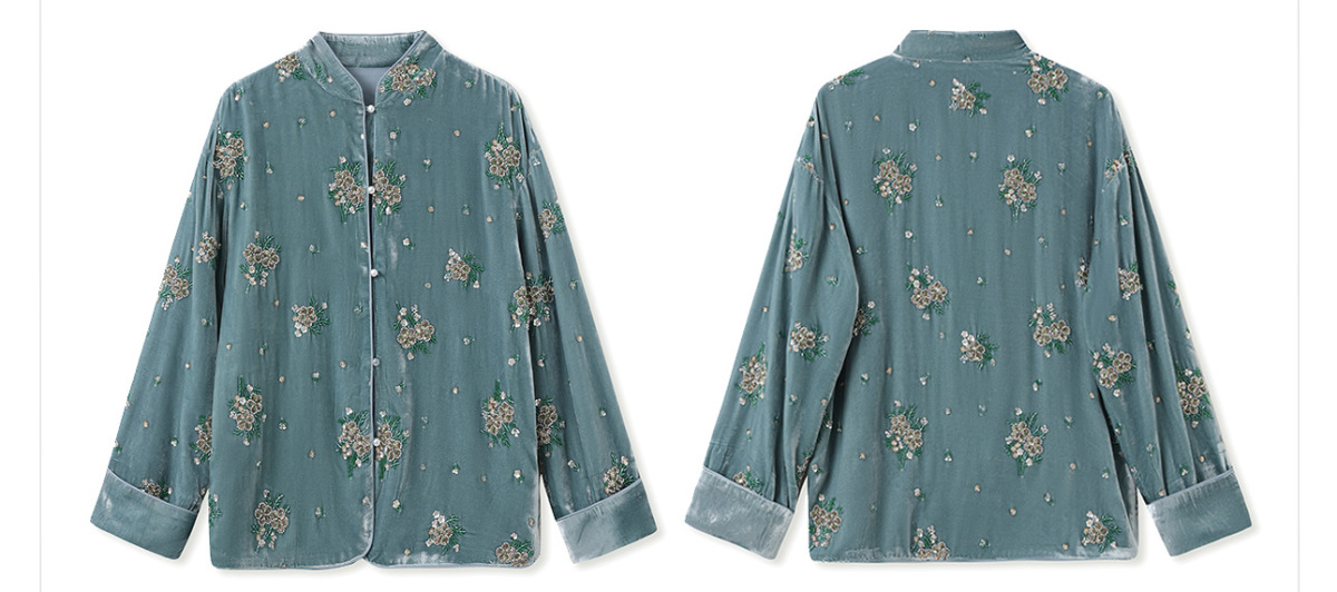 Áo sơ mi nữ lụa tơ tằm cổ đứng cài khuy kiểu cardigan thêu hoa — Dương Tây Đỏ (Giao Hàng Ngay)
