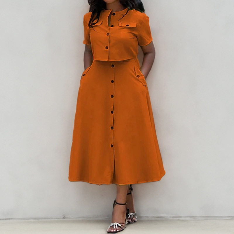 Womens Spring Short Sleeve Button Up Long Dress Set Solid Color Commuter Style Elegant Design Wholesale Available