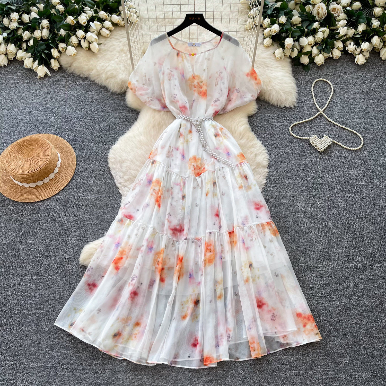 French Style V Neck Floral Dress Short Sleeve Waist Defining A Line Silhouette Summer Vacation Wear Wholesale