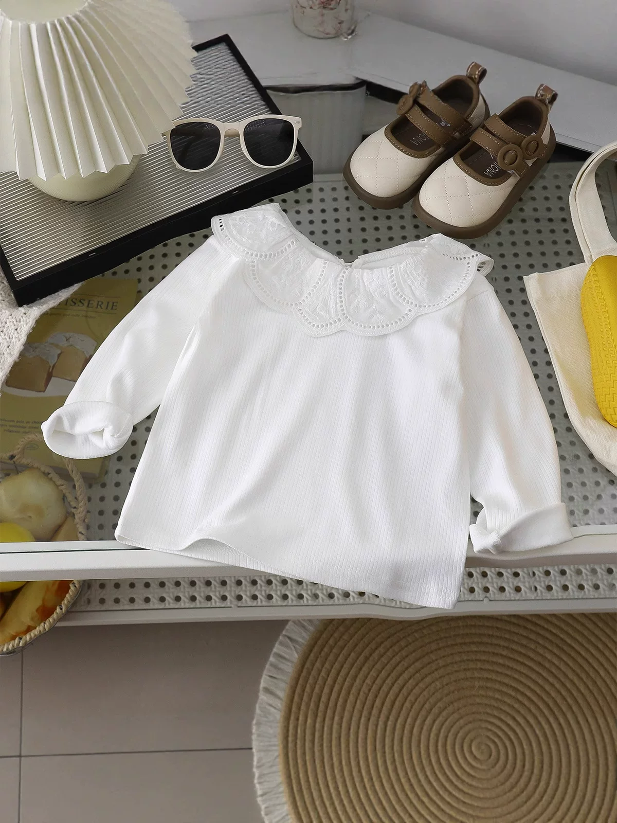 Girls' Autumn T-Shirt, Baby Stylish Trendy Korean Style Lace Big Lapel Minimalist White Base Layer