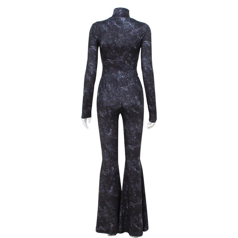 Fashionable Zip Up Crop Top with High Waisted Flare Pants Trendy Design for Casual Outings Wholesale Available
