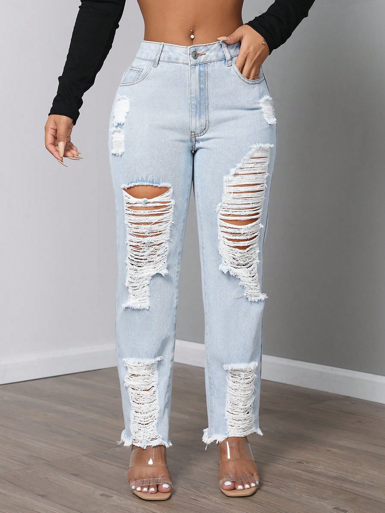 Womens Mid Rise Fashionable Ripped Denim Jeans Casual Style Comfortable Fit Versatile Wear Wholesale Available