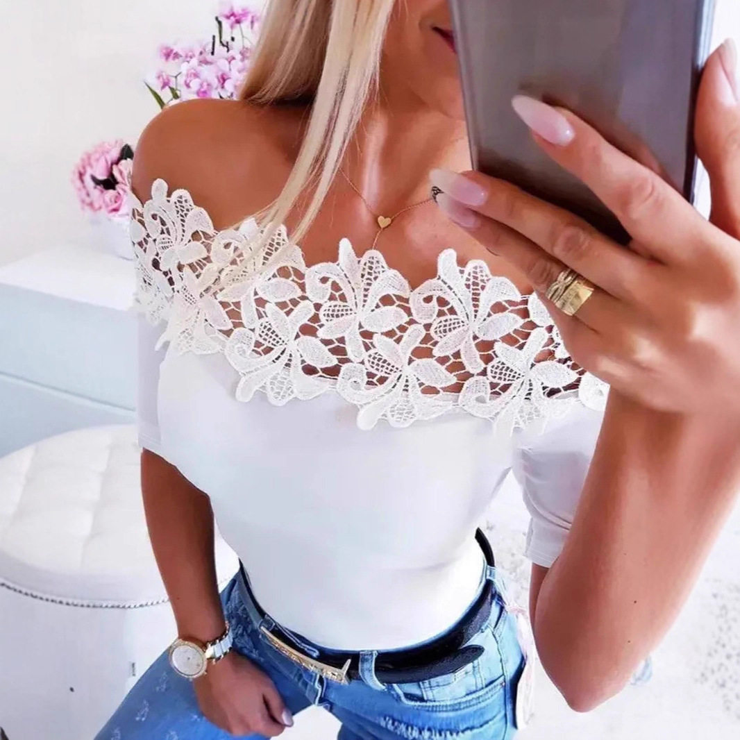 Womens Casual T Shirt Short Sleeve Lace Trim Solid Color Off Shoulder Design Perfect for Everyday Wear Wholesale