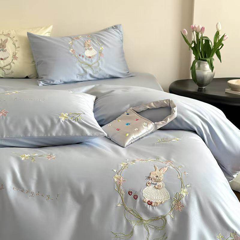 Back-To-School Girl's Heart 100-Count Long-Staple Cotton Embroider Three- or Four-Piece Set Cute Rabbit Cotton Bed Bed Sheets Quilt Cover Bedding 9