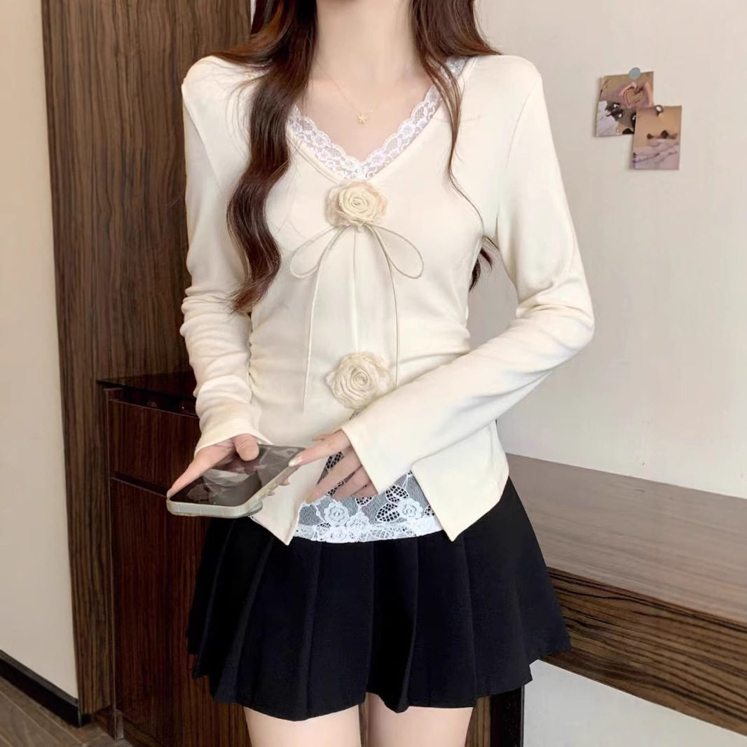 Lace Panel Long Sleeve T Shirt for Women Slim Fit Waist Design Autumn Fashion Available in Purple and Apricot Wholesale