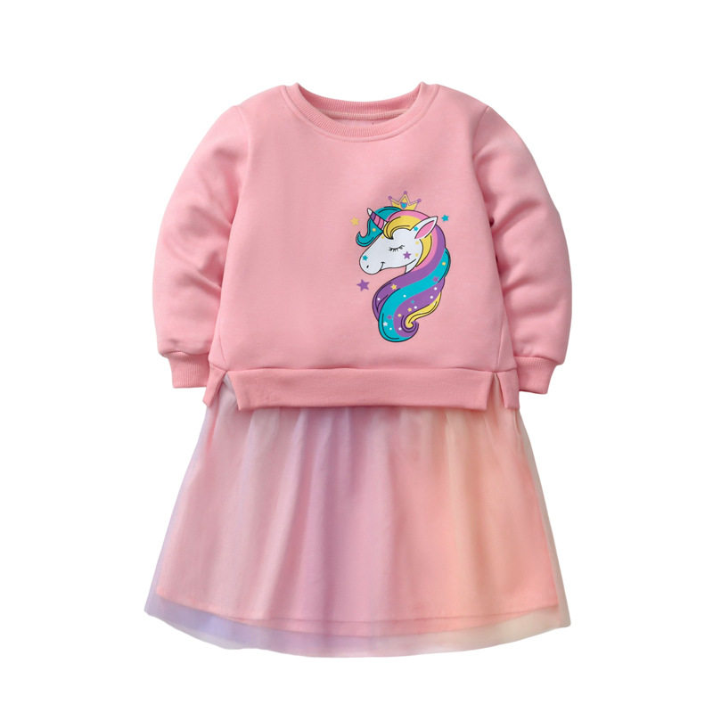 Girls' Dress Wholesale, Winter Fleece-Lined Princess Dress, Unicorn Mesh Thickened Dress