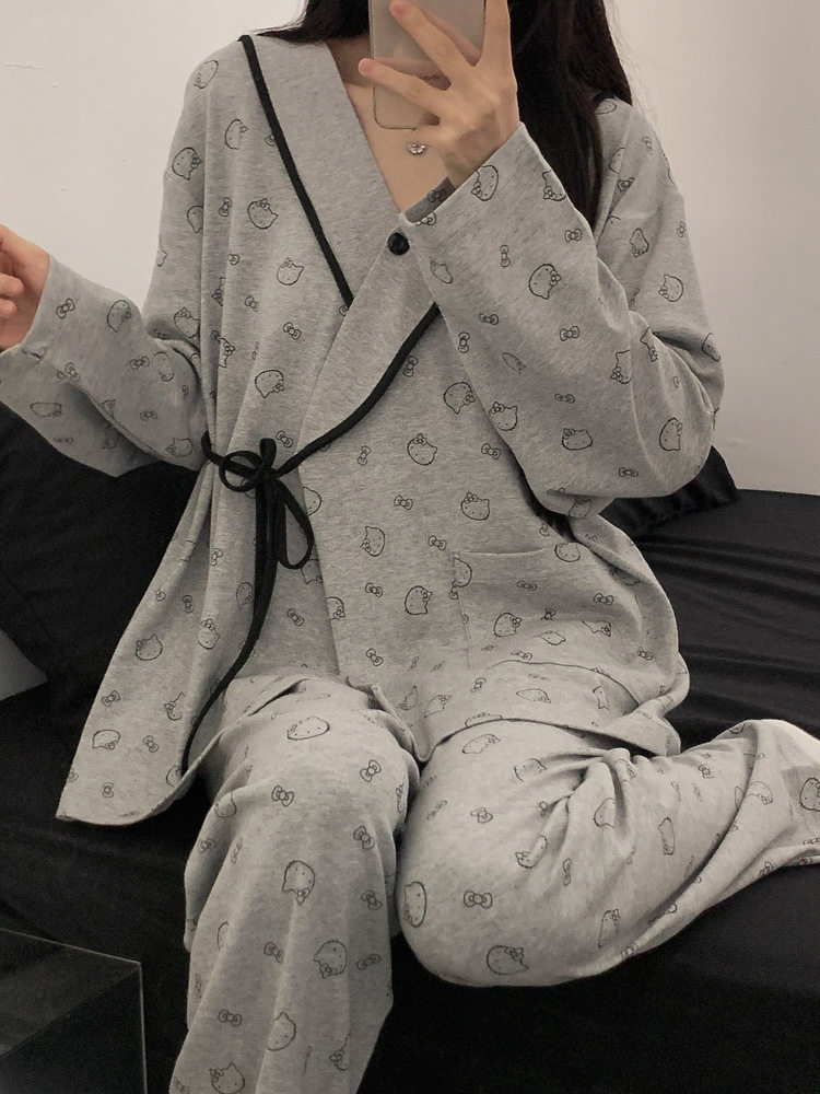 Spring and Autumn Kimono Ice Porcelain Cotton Maternity Prenatal Nursing Postpartum Sleepwear Cardigan Maternity Set for Going Out