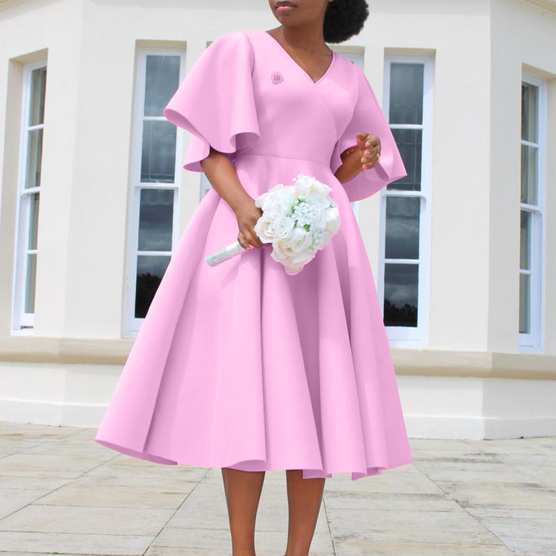 V Neck Flare Sleeve Dress Elegant A Line Silhouette Fashionable Design Perfect for Parties Wholesale Available