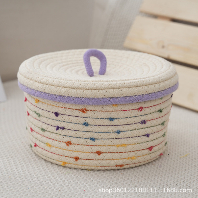 Small Basket with Lid for Snacks, Cosmetics, Remote Control, Desktop Storage, Woven Basket, Intimates, Cotton Rope, Sundries Storage Basket