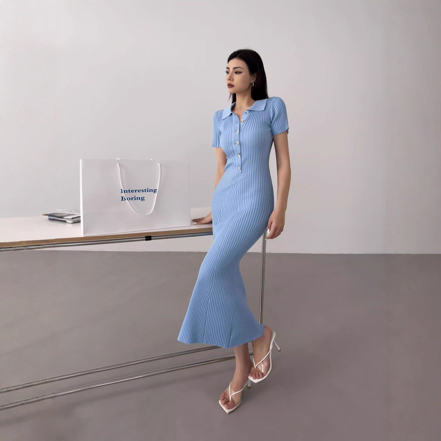 Long Polo Knit Dress Fishtail Hem Slim Fit Short Sleeve Bodycon Style Perfect for Office Wear Wholesale Available