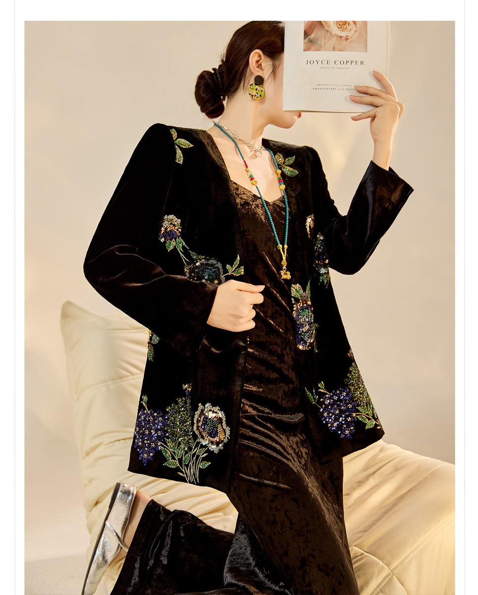 Áo khoác dạ thêu sequin dáng rộng cổ chữ V nữ — Áo khoác ruy băng vàng đen (Giao hàng trong 7 ngày), Áo khoác ruy băng vàng đen (giao hàng trong ngày)