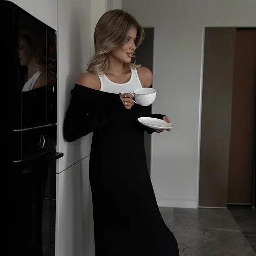 Long Sleeve Color Block Layered Vest Dress Sexy Modal Fabric Elegant Design Perfect for Parties Wholesale Available