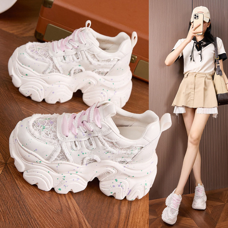 Giày cao gót nữ đế xuồng platform lưới thoáng khí, gót siêu cao 8cm, mũi tròn, quai khóa trước — Trắng, Bạc