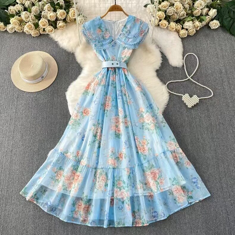 Vintage Floral Print Doll Collar Dress for Women Sweet Double Layer Lace Trim Ruffled Hem Waist Defined Spring and