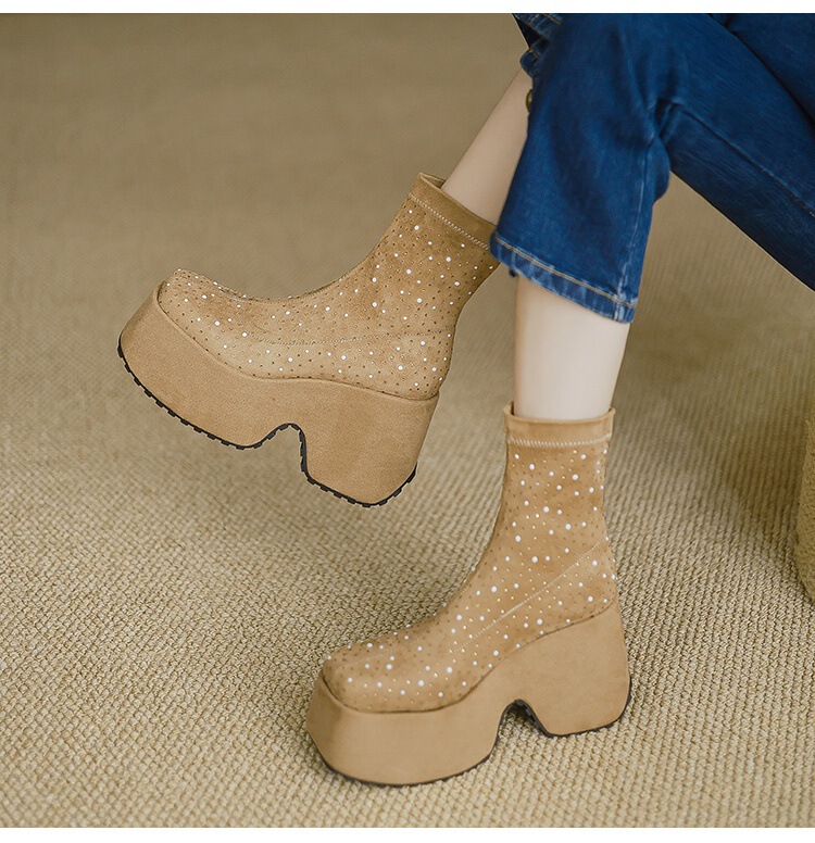 Boot nữ cổ thấp gót siêu cao 11cm đế xuồng đính đá pha lê — Lớp lót đơn màu be, Lớp lót đơn màu đen, Lót nhung đen, Lót nhung màu be