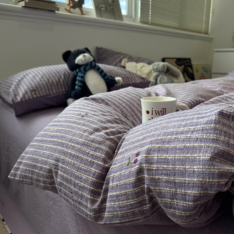 Double-Layer Gauze Printed Four-Piece Set, Nordic Style, Suitable for Sleeping Naked, Mother and Baby Grade Long-Staple Cotton Duvet Cover, Three-Piece Bed Sheet Set, Egyptian Long-Staple Cotton