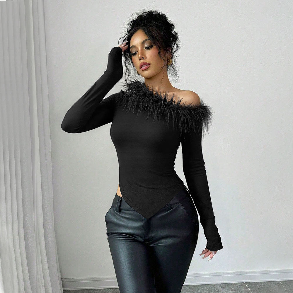 Feather Trimmed Asymmetrical Hem Long Sleeve Top Unique Design Slim Fit Spring Summer Style Wholesale Available