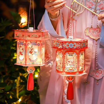 Mid-Autumn Festival Lanterns for Children, Portable Glowing Lanterns, DIY Material Kits, Chinese Trendy Ancient Style Cartoon Palace Lanterns Wholesale for Stalls