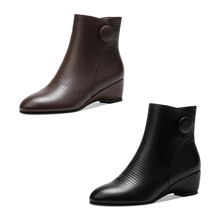 Boot nữ cổ thấp gót dốc mềm da PU khóa kéo bên mũi tròn tôn dáng — Màu đen, Màu nâu