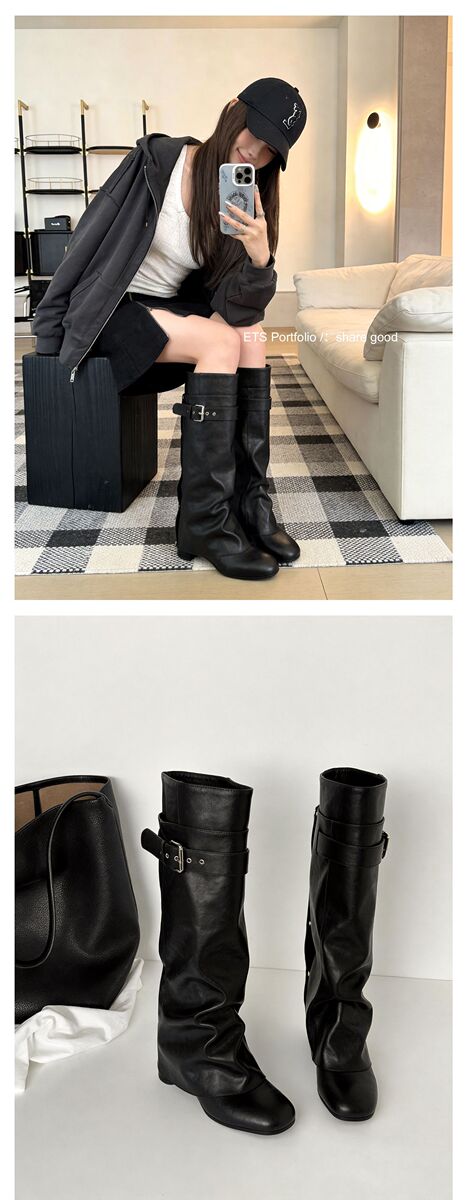Boot nữ cổ cao gót thô 5.5cm, ống rời tháo được hai kiểu, khóa thắt lưng, mũi vuông — màu đen, Màu nâu đậm
