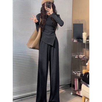Irregular Solid Color Slim Fit Top Women's Fashion Versatile Suit Women's Spring and Autumn High Waist Wide Leg Trousers Casual Two-Piece Set