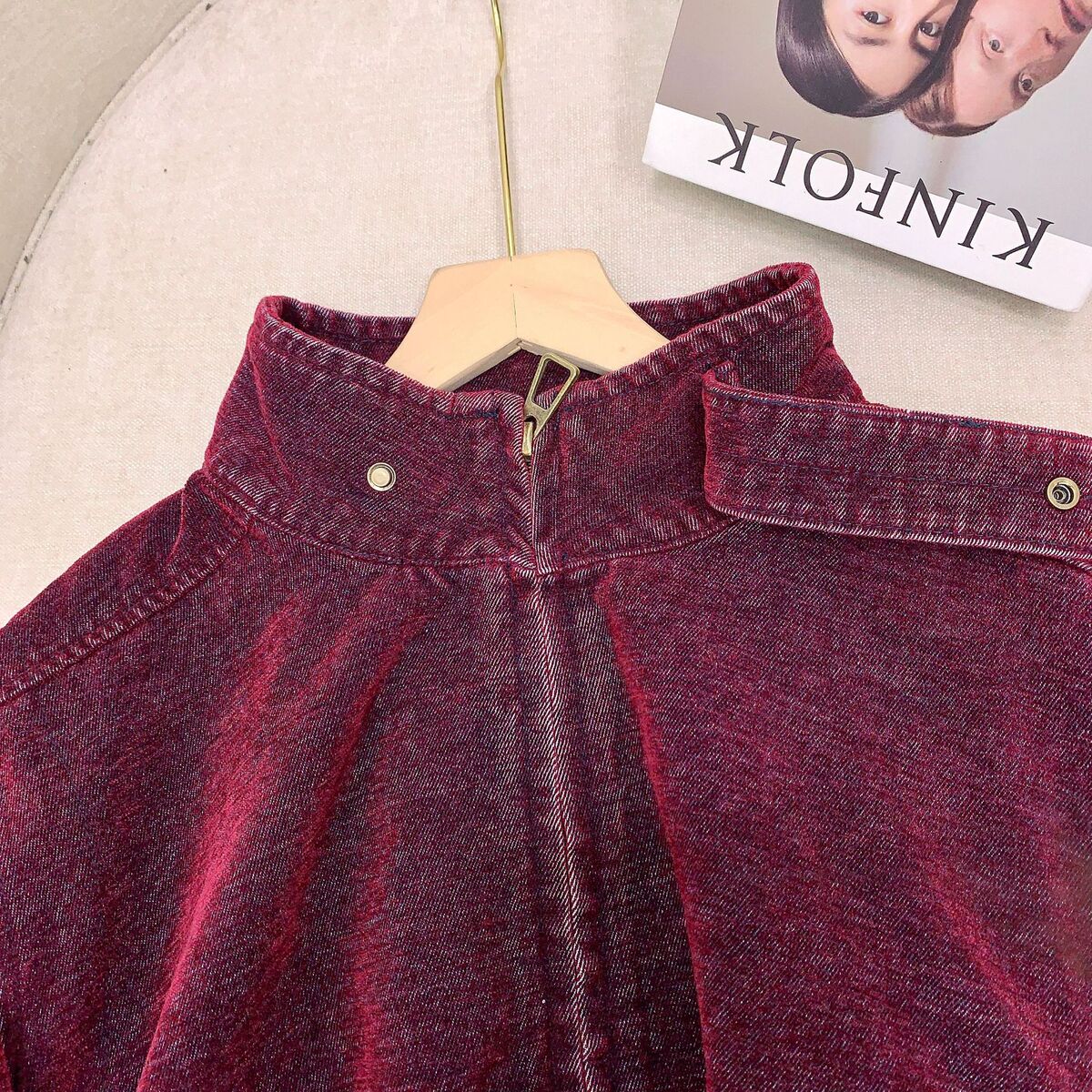 Áo khoác denim nữ dáng thon có túi, thiết kế tháo rời — Đỏ oiran, Xanh biển đậm