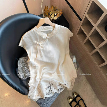 New Chinese Style Cut Out Embroider Oblique Placket Button Sleeveless Shirt for Women 2025 Summer New Cool Elegant Top