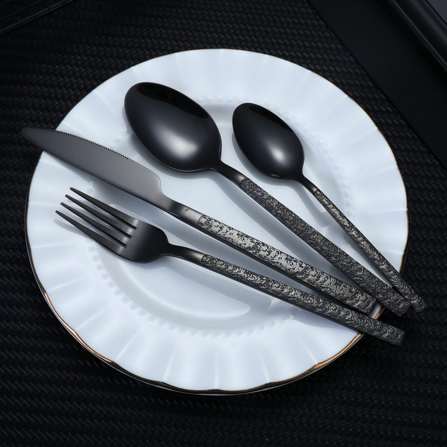 Cross-border Stainless Steel Western-style Tableware suit Vintage Thick Stone Rock Pattern Embossed Light Spoon Combination Knife and Fork Spoon
