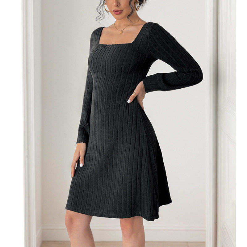 Lace Backless Knitted Dress Bow Tie Detail Square Neck Solid Color Elegant Evening Wear OEM Available