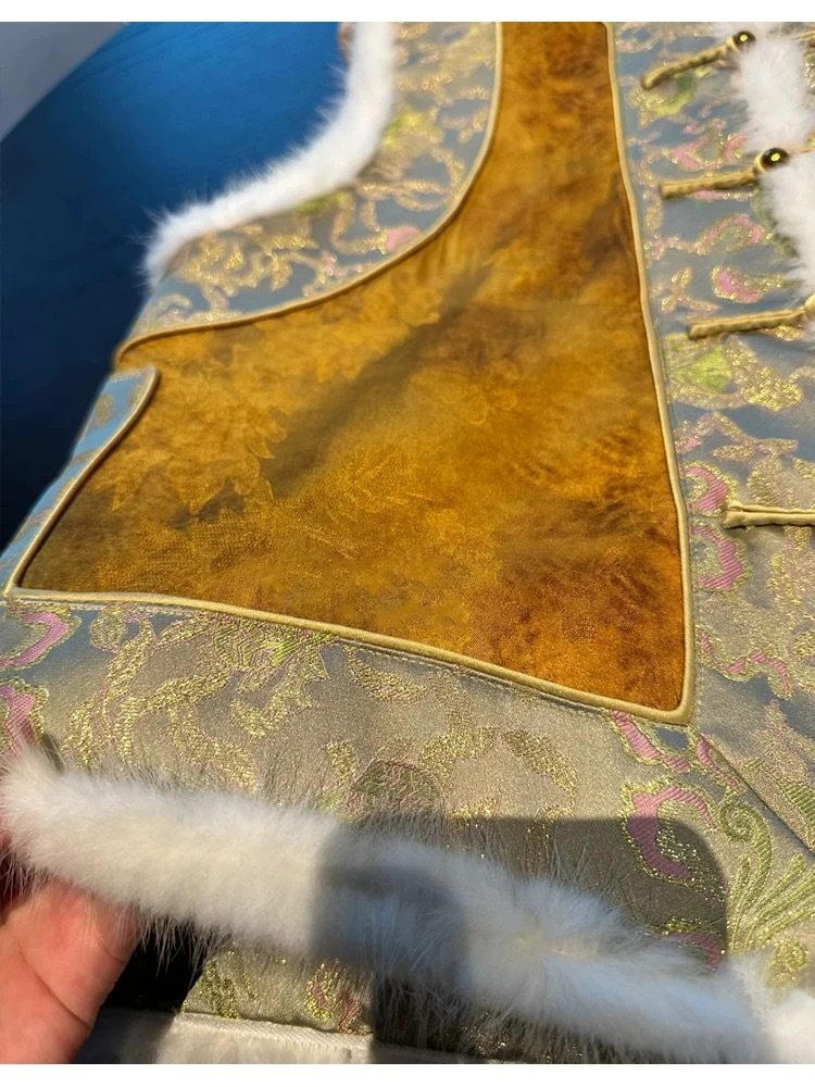 New Chinoiserie Mink Fur Stitching Round Neck Yellow Noble Versatile Vest Top for Women 2024 Autumn and Winter Style