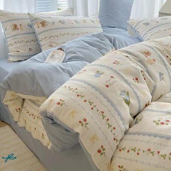 Class A Maternal and Infant Grade Double-layer Yarn Four-piece Set Pure Cotton Simple Color Zhu Cotton Thickened Jacquard Three-piece Set Dormitory Bed Sheet Batch