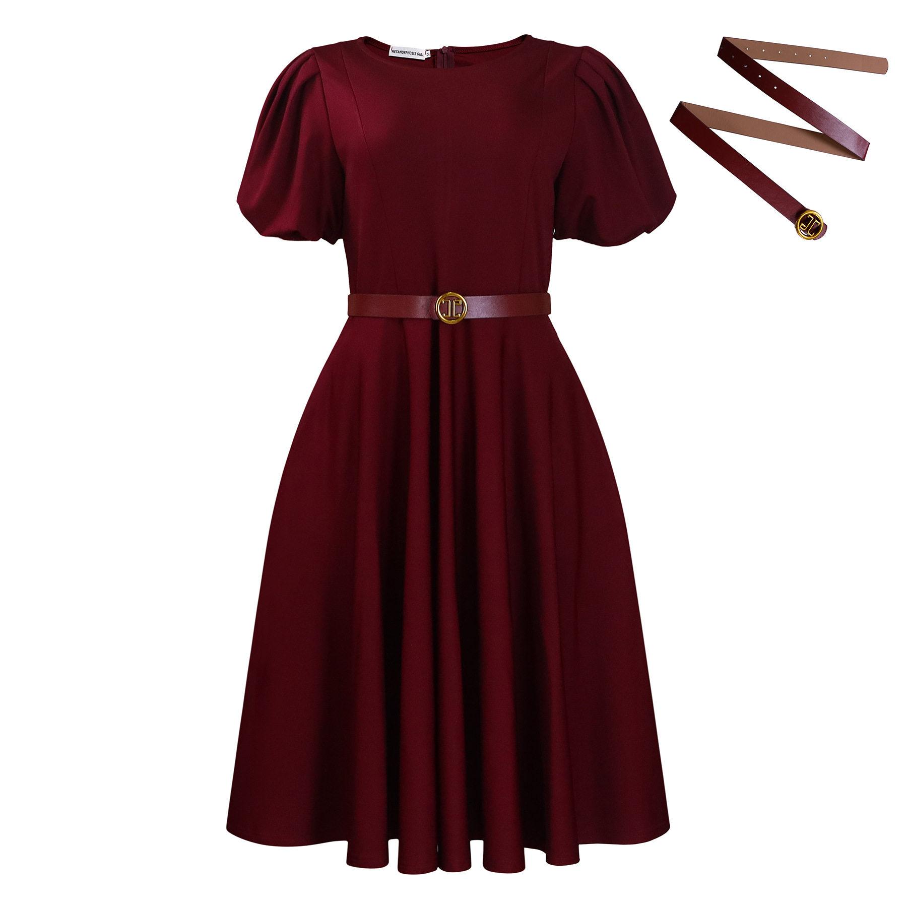 Elegant A Line Dress with Puff Sleeves Round Neck Waist Defined Flowy Skirt Perfect for Parties and Events
