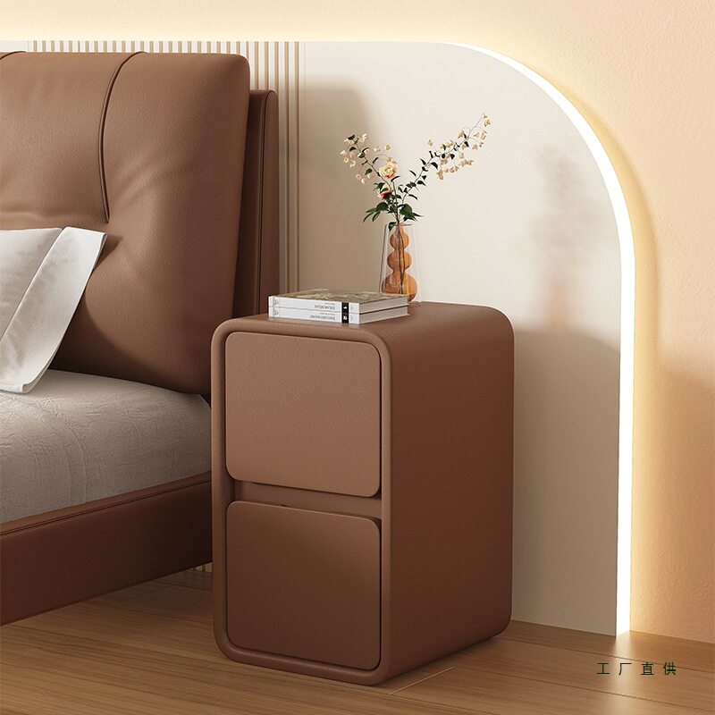 Cream Style Bedside Table Simple Modern Solid Wood Leather Bedside Table Small Ultra-Narrow 20cm Normcore Mini Storage Cabinet
