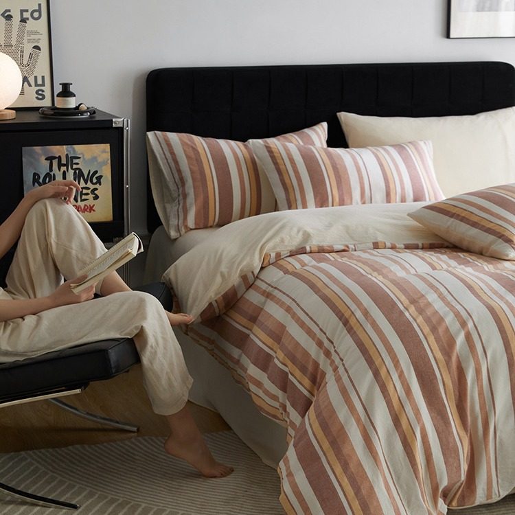 Class A_yarn-dyed washed cotton stripe simple Japanese cotton four-piece set of student dormitory bed cotton three four-piece set