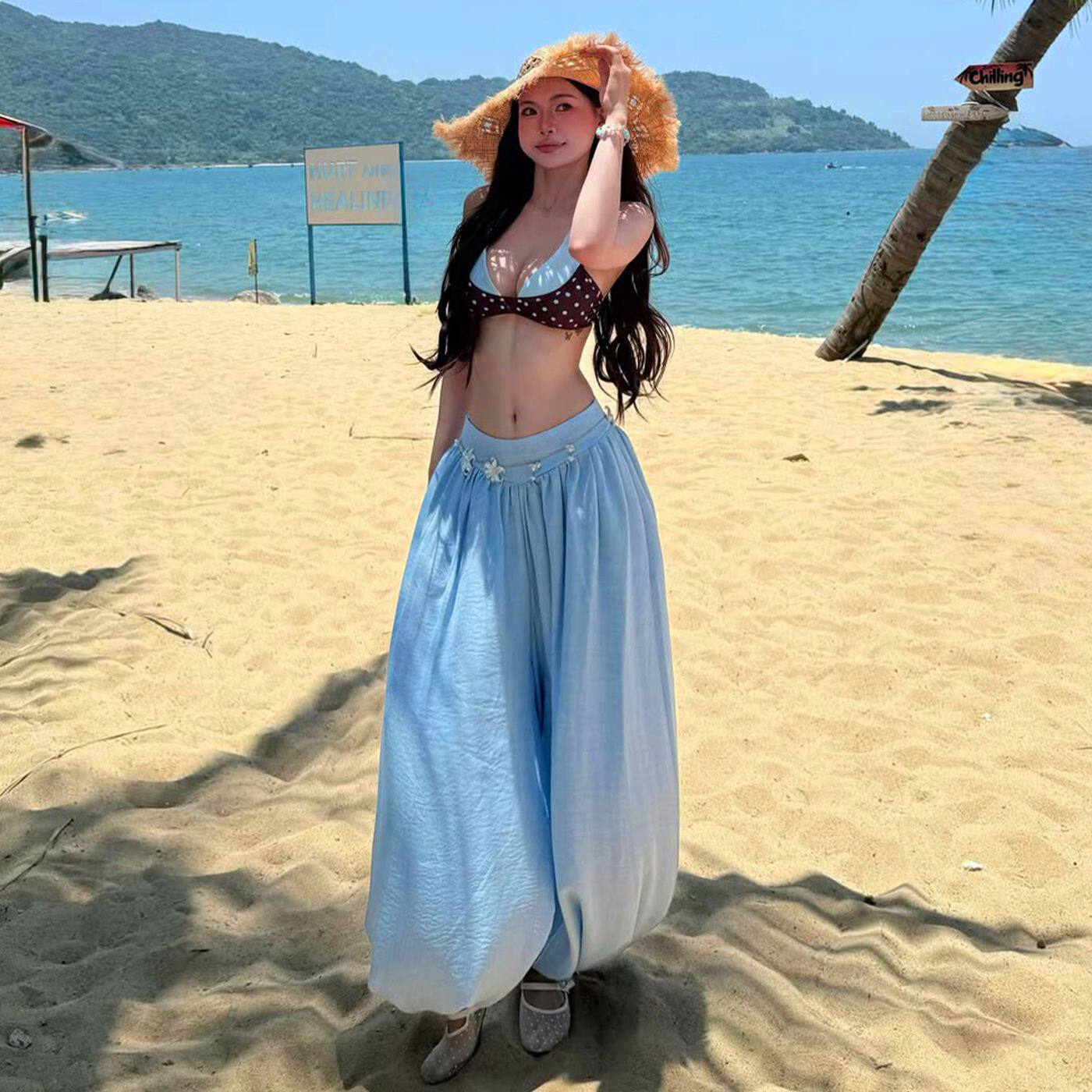 Bohemian Style Womens Summer Set Halter Neck Top High Waisted Lantern Pants Trendy and Sexy Perfect for Casual