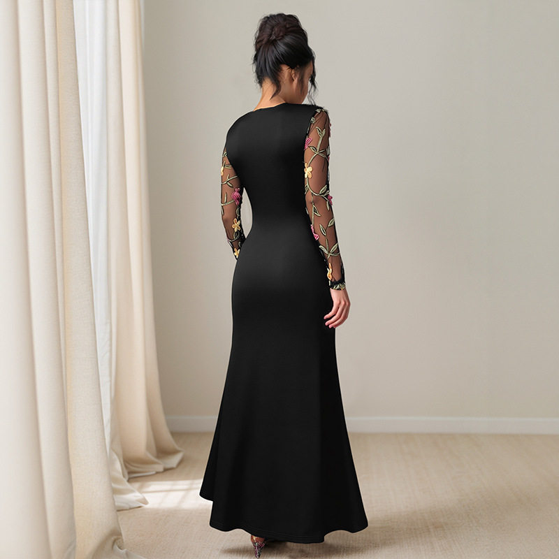 Elegant Long Sleeve Embroidered Dress Irregular Hem Spring Fall Style Perfect for Banquets and Special Occasions