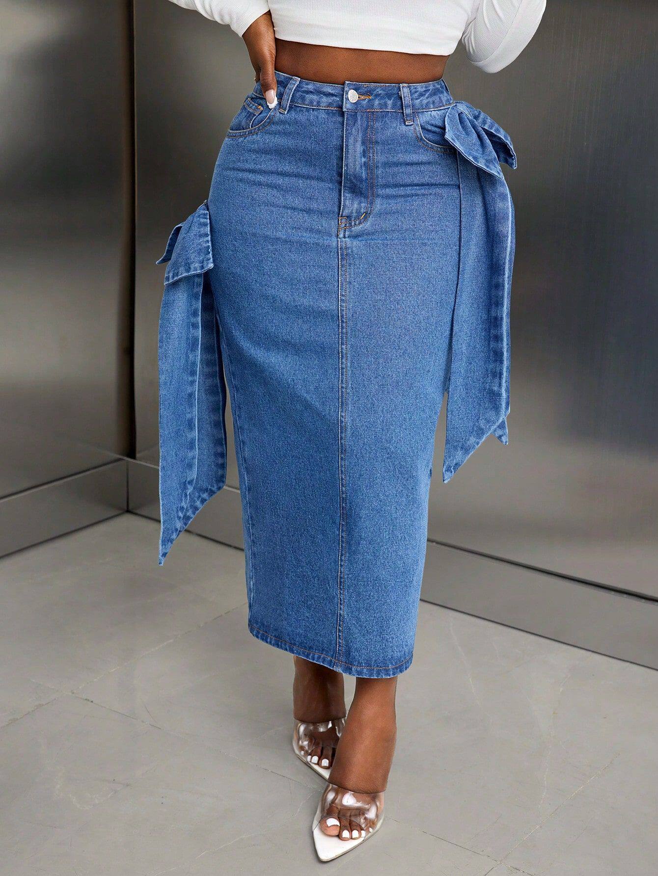 High Waisted Denim Skirt European and American Style Bow Design Color Block Casual Wear for Women Wholesale