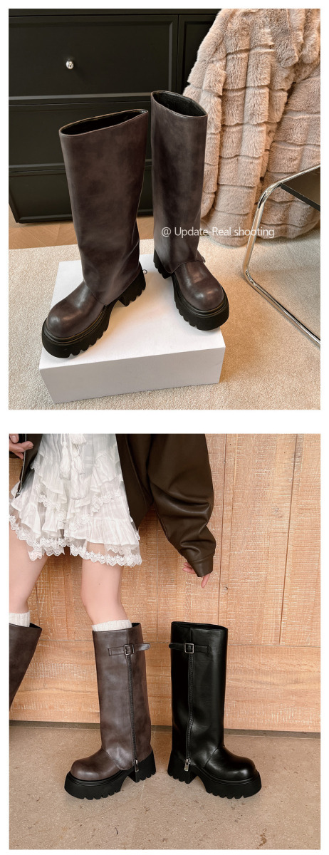 Boot nữ cổ cao gót dày đầu tròn khóa kim loại — đen, màu nâu