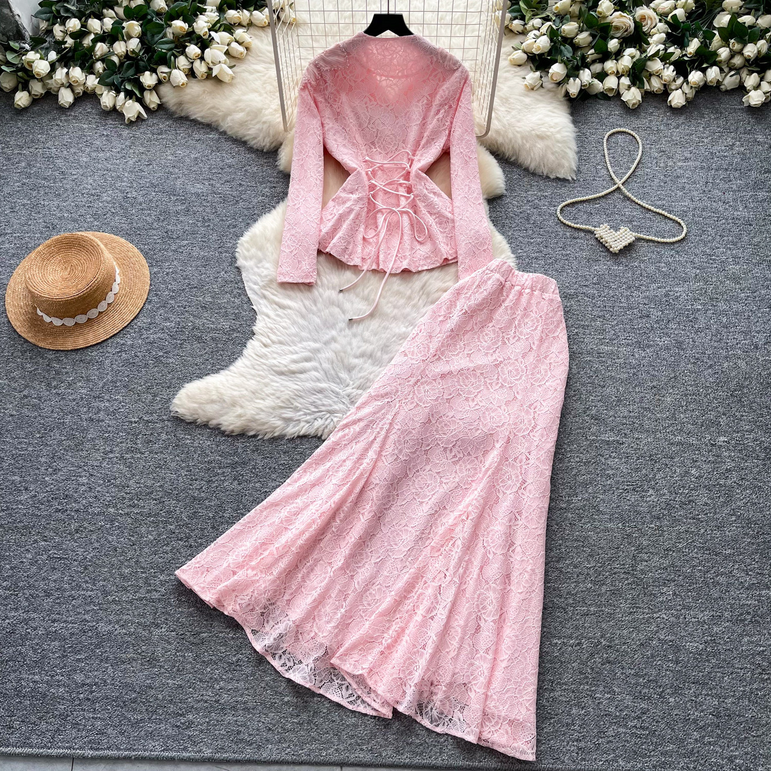 French Elegant V Neck Embroidered Lace Two Piece Set Beaded Detailing Slim Fit Autumn Office Wear Wholesale Available