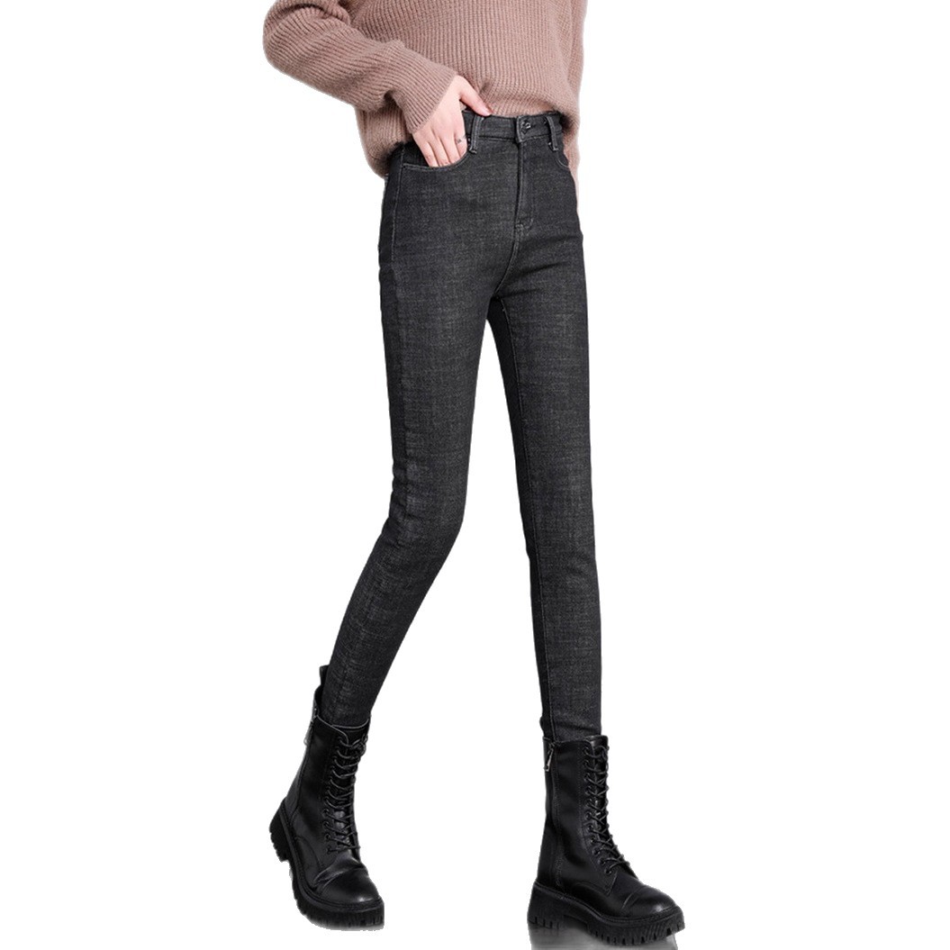 High Waisted Vintage Denim Pants Thickened Fleece Lined Slim Fit Autumn Winter Womens Fashion Wholesale Available