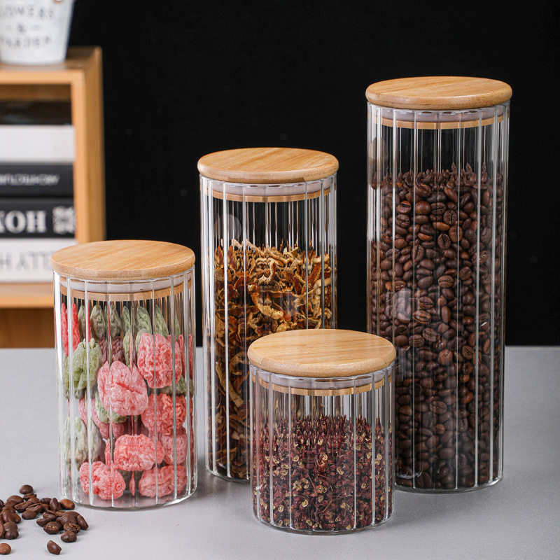 Vertical Striped Storage Jars in Various Sizes, Kitchen Storage Household Moisture-Proof Sealed Jars, High Borosilicate Glass Transparent Large Capacity
