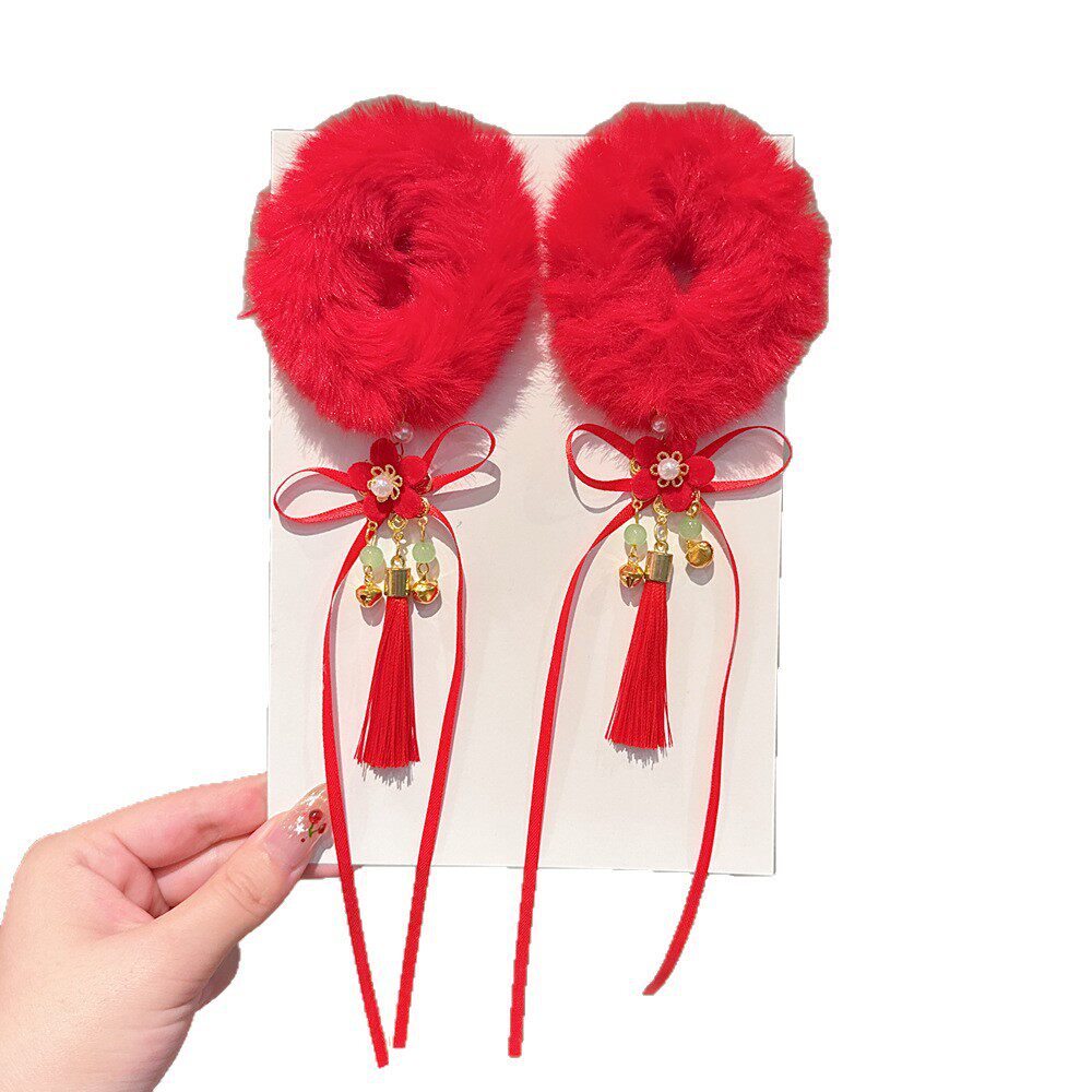 Children's New Year's Red Headwear, Girl's Tassel Hair Tie, Ball Hair Rope, Little Girl's New Year's Eve Festive Headband