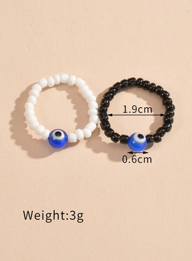 时尚复古风恶魔之眼米珠弹力女士戒指2件套适合沙滩度假派对
