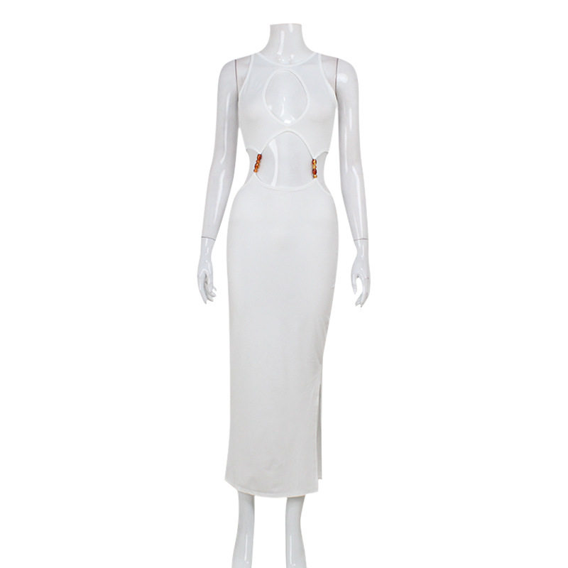 Sleeveless Hollow Out Dress Metallic Accents Solid Color Sexy Split Design Nightclub Wear for Women Wholesale