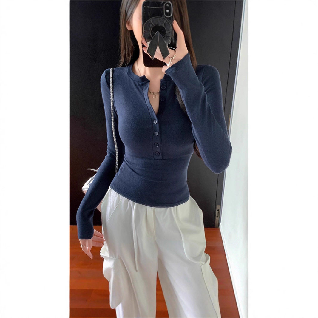 美式辣妹半开领纽扣长袖T恤女秋季新款修身显瘦内搭打底衫上衣潮