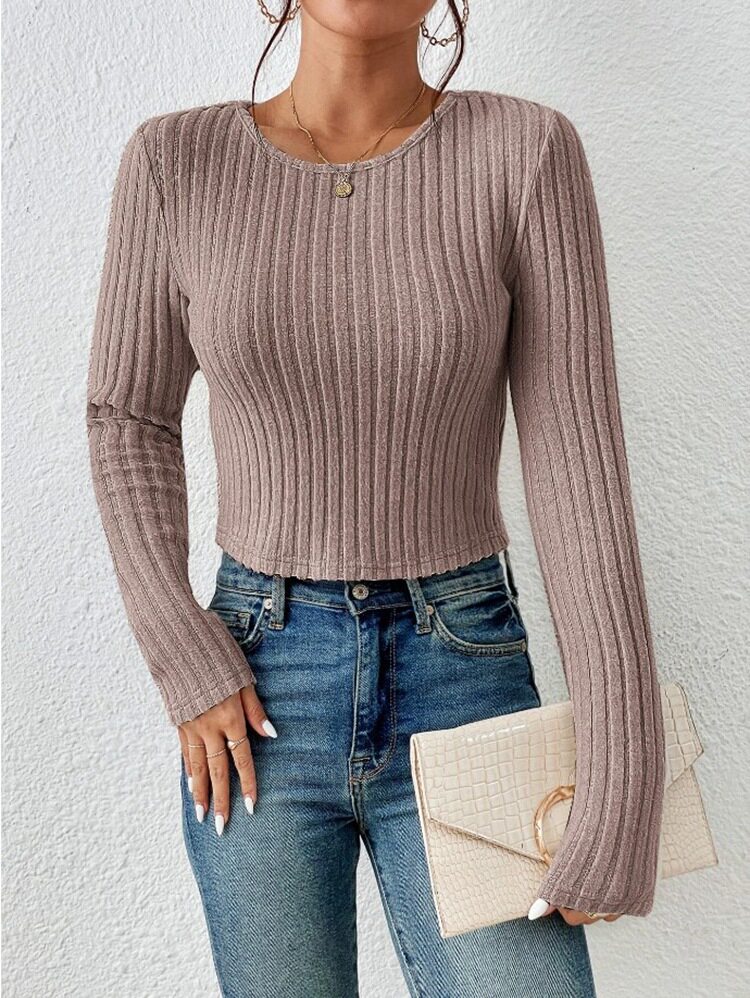 Casual Fitted Sweater Solid Color Round Neck Long Sleeve Autumn Winter Wear Ready to Ship low MOQ