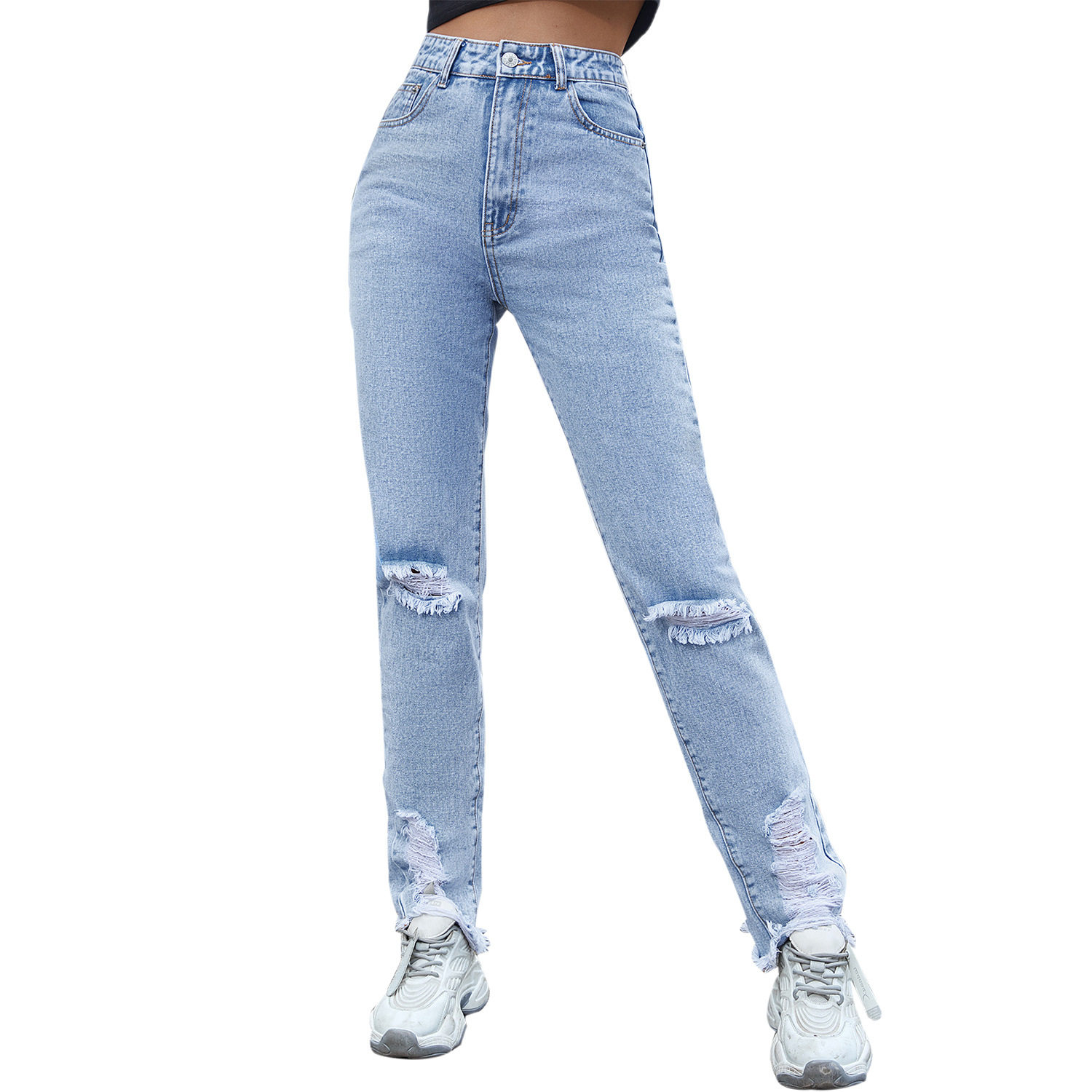 Skinny Ripped Denim Jeans for Women Light Blue Casual Style Slim Fit Trendy Design Wholesale Available